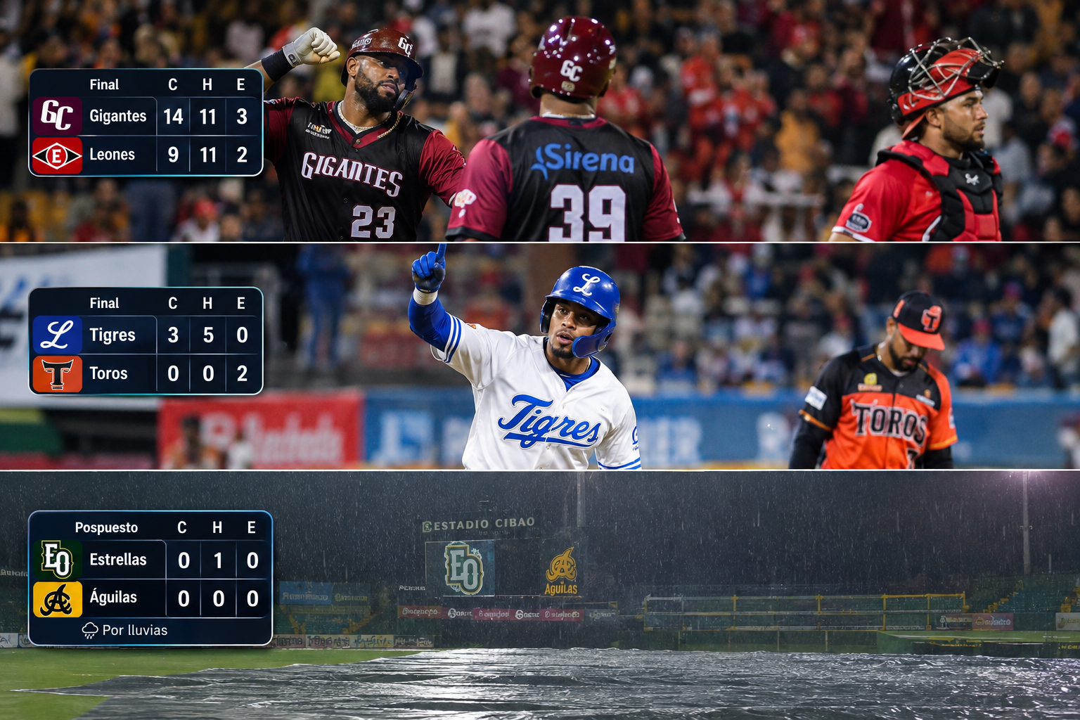 Gigantes explotan con nueve carreras, Licey blanquea a los Toros y la lluvia frena el tercer partido